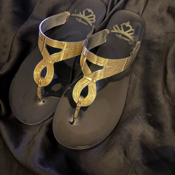 Shoes - Black & Gold Women's Thong Sandals - Elegant Slip-On Style
